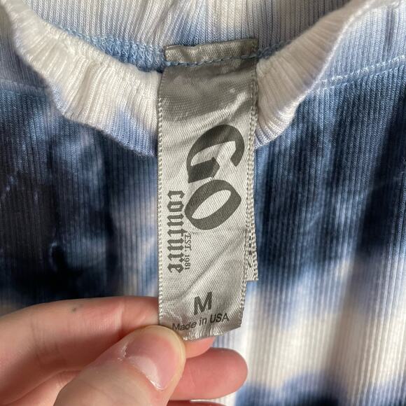 GO COUTURE Tie Dye Slit Long Maxi Skirt Medium Blue White Ruffled Waist Hippie - Picture 5 of 12